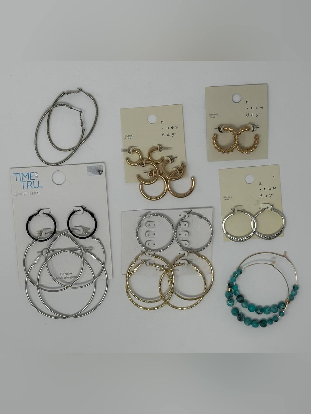 Lot 13 pairs Assorted Hoop Earrings Gold, Silver, Turquoise Lucky & Mixed Brands